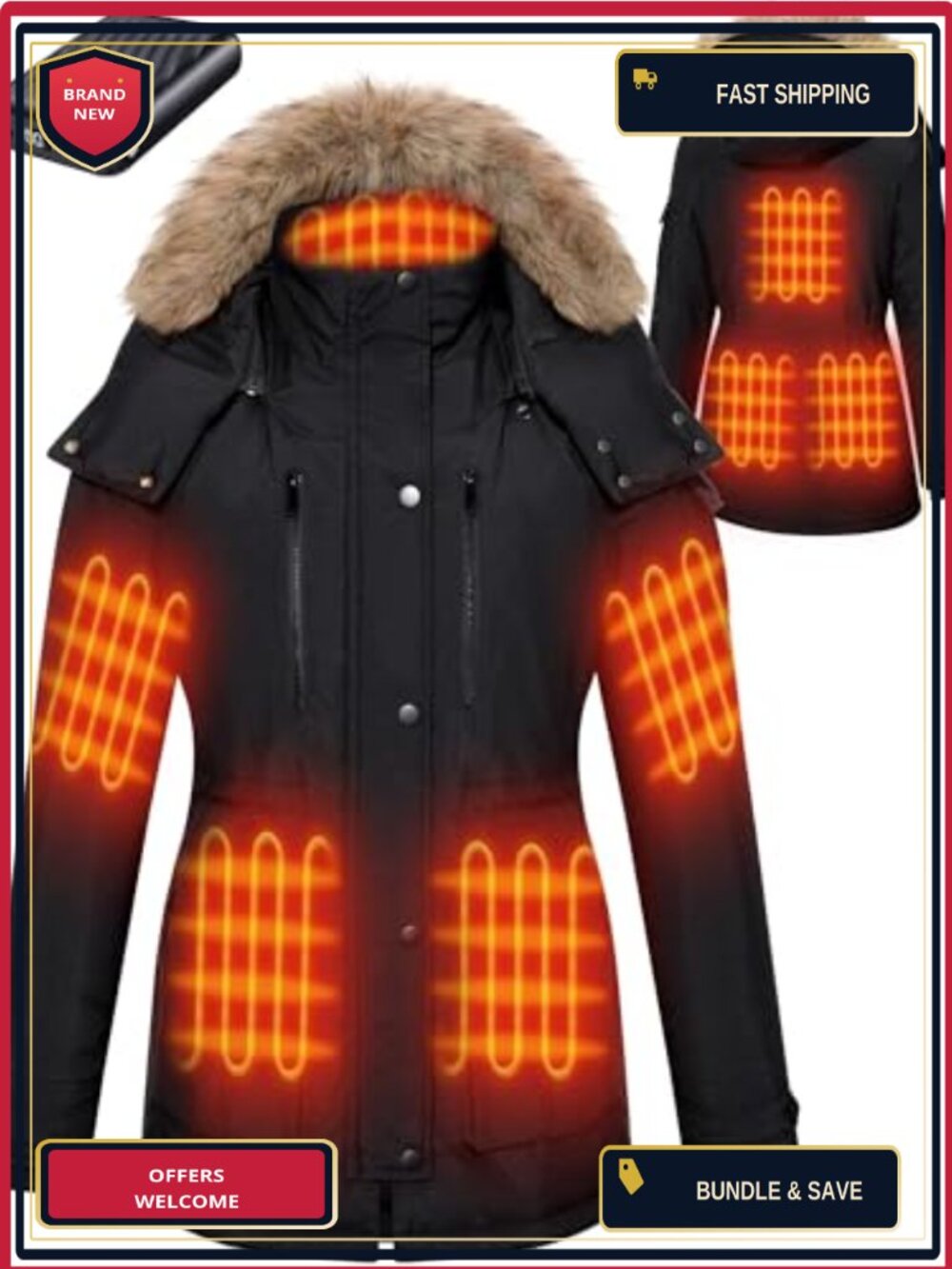 Women's Heated Jacket 18400mAh Battery Detachable Hood Windproof Waterproof